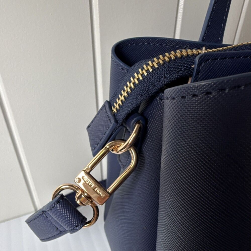 Anne Klein Navy Blue Satchel Gold Hardware Detachable Adjustable Strap Pockets - Picture 3 of 13